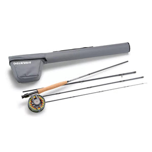 Orvis Clearwater fly rod outfit: gray rod tube, four-piece rod and reel with yellow fly line