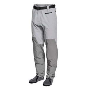 Orvis Men's Pro LT wading pants in gray with neoprene stockingfoot booties, front view