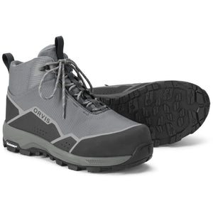 Orvis Ultralight wading boot in gray with yellow laces, three-quarter view