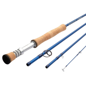 Fishing rod with cork handle and blue sections on a white background