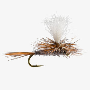 RIO Parachute Adams dry fly with gray body, white calf-tail post and grizzly hackle