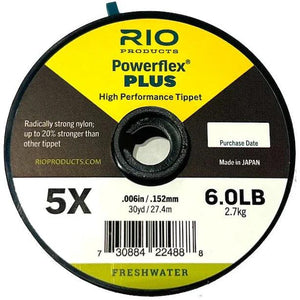 RIO Powerflex Plus tippet spool in yellow and black, 5X 6.0 lb, 30 yd / 27.4 m label
