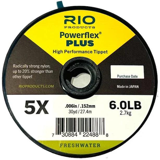 RIO Powerflex Plus tippet spool in yellow and black, 5X 6.0 lb, 30 yd / 27.4 m label