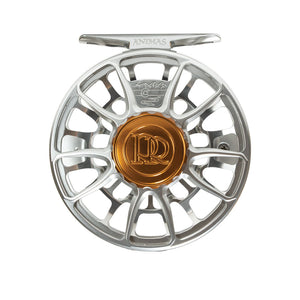 Ross Animas fly reel in Platinum, front view with copper-tone drag knob
