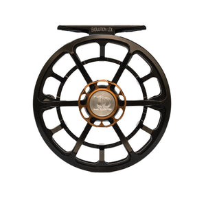Ross Evolution LTX fly reel in Black, front view with bronze-tone drag knob