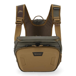 Simms Headwaters Chest Pack in tan and olive with back compartment and harness
