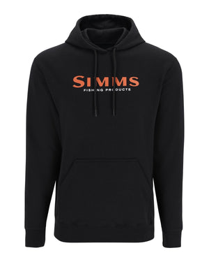 Simms Logo Hoody in black, front view with orange logo