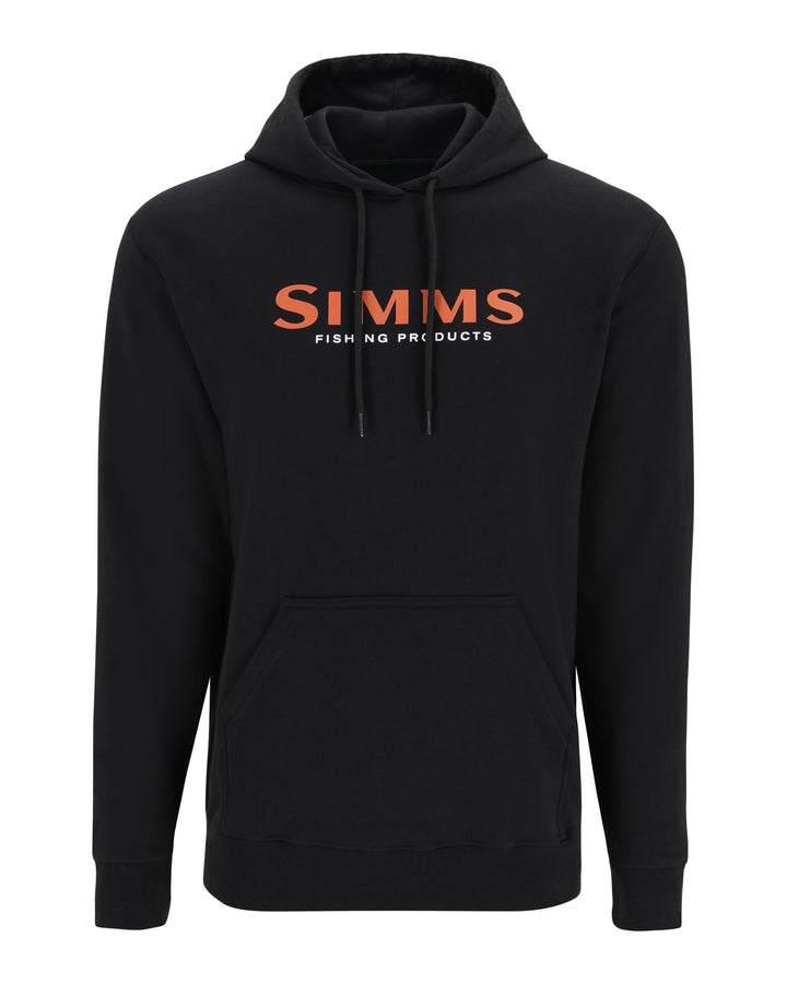 Simms Logo Hoody in black, front view with orange logo