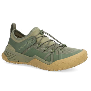 Simms Pursuit Shoe in sage green mesh with tan sole, outside view