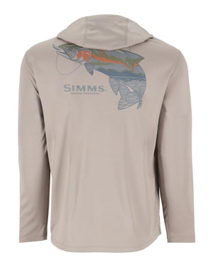 Simms Tech Hoody in Dolomite Trout, front view with trout graphic