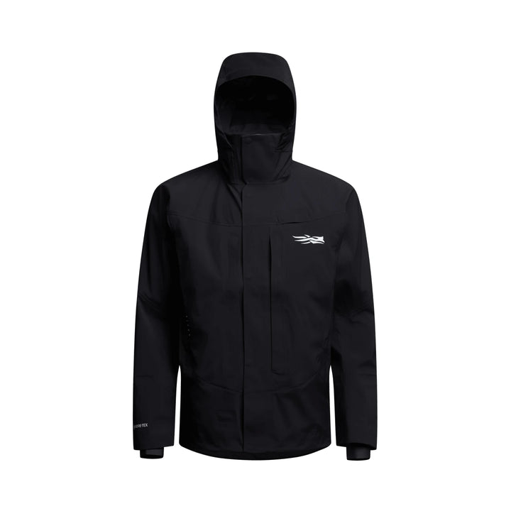 Sitka CAT-5 Jacket in Black, front view with hood up