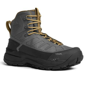 Sitka CrossCurrent felt wading boot in gray with tan laces, three-quarter view