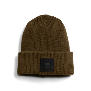 Sitka Double Cuff Acrylic Knit Beanie in Coyote, front view with patch