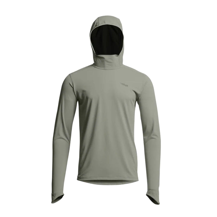 Sitka Radiant Sun Hoodie in Herb Green, front view with hood up