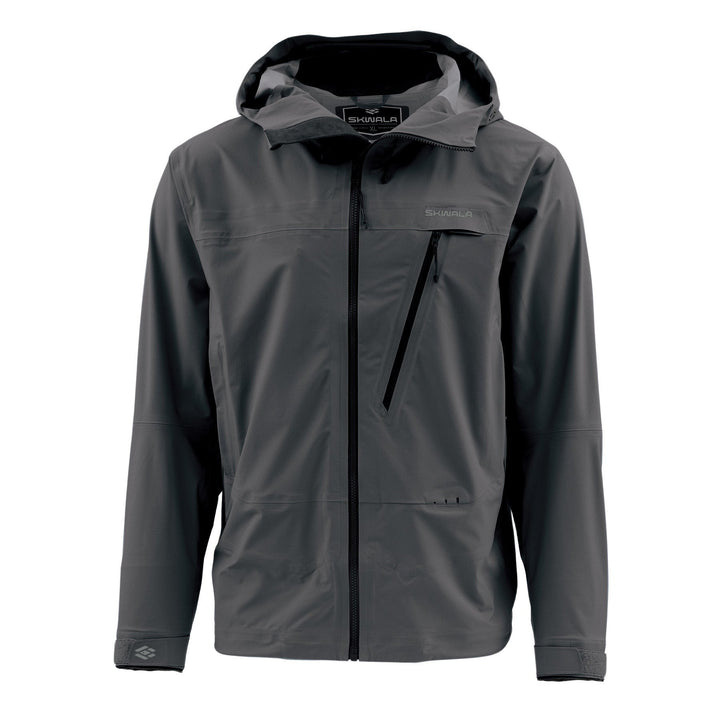Skwala Carbon Jacket in Woodland Gray, front view with hood up