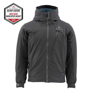 Skwala RS Outpost insulated fishing jacket in black, front view with gear guide award badge