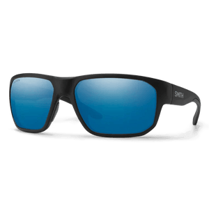 Smith Arvo sunglasses, Matte Black frame, ChromaPop Glass Polarized Blue Mirror lens, three-quarter view