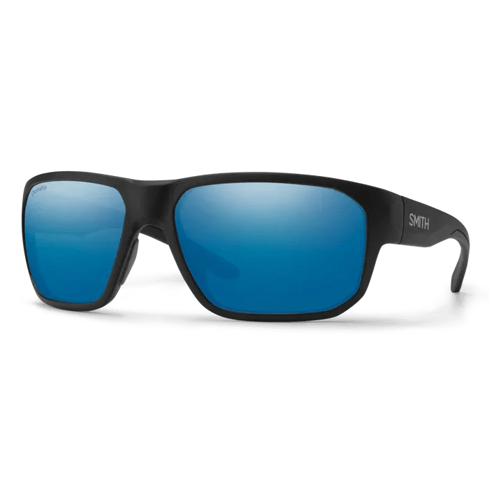 Smith Arvo sunglasses, Matte Black frame, ChromaPop Glass Polarized Blue Mirror lens, three-quarter view