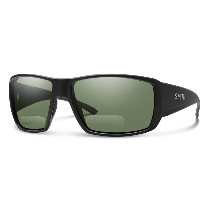 Smith Guide's Choice Bifocal sunglasses, Matte Black frame, Polarized Gray Green Carbonic lens, three-quarter view