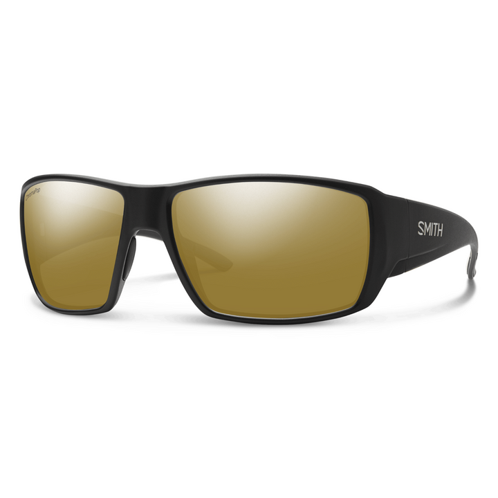 Smith Guide's Choice sunglasses, Matte Black frame, ChromaPop Glass Polarized Bronze Mirror lens, three-quarter view