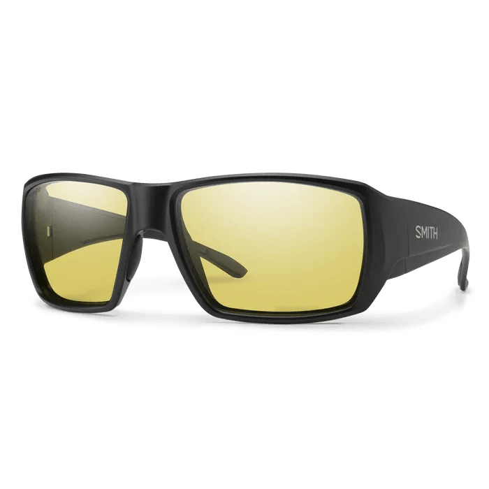 Smith Guide's Choice sunglasses, Matte Black frame, ChromaPop Glass Polarized Low Light Yellow lens, three-quarter view