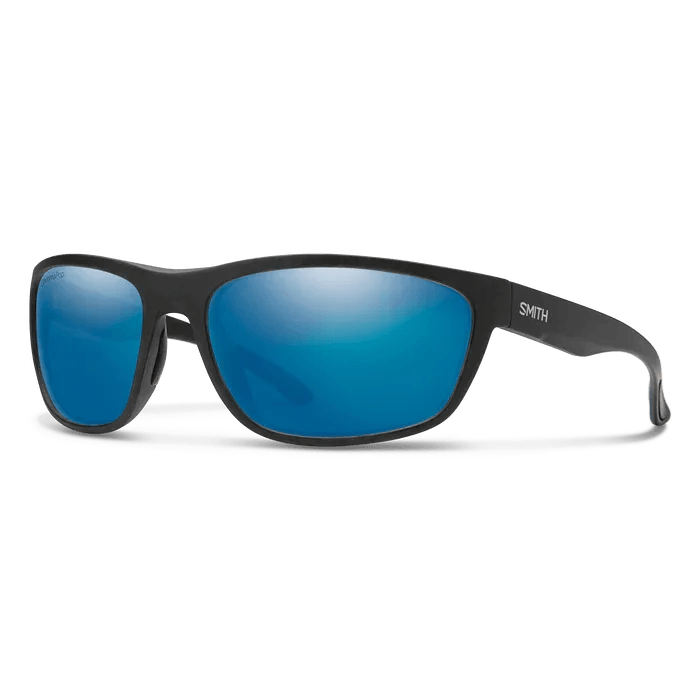 Smith Redding sunglasses, Matte Black frame, ChromaPop Glass Polarized Blue Mirror lens, three-quarter view