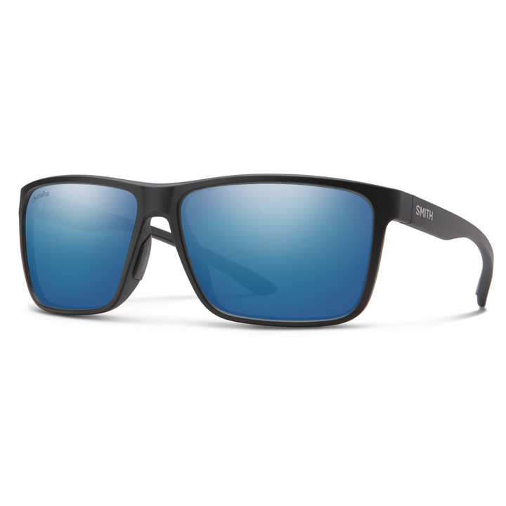 Smith Riptide sunglasses, Matte Black frame, ChromaPop Glass Polarized Blue Mirror lens, three-quarter view