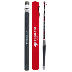 Tenkara USA Satoki tenkara rod collapsed with red rod sock and gray rod tube