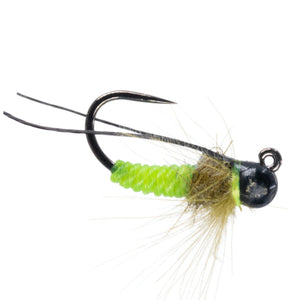 Umpqua Jigged Tungsten Twisted Caddis Green nymph with twisted segmented body and CDC collar