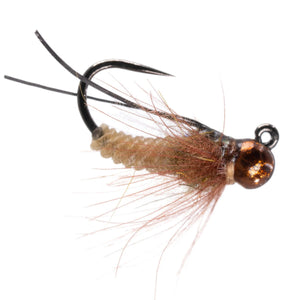 Umpqua Jigged Tungsten Twisted Caddis Tan nymph with twisted segmented body and CDC collar