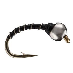 Black Zebra Midge fly with silver wire rib and silver tungsten bead on a curved hook