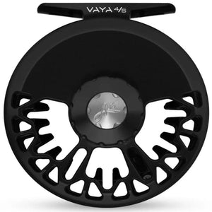 Abel Vaya 4/5 fly reel in black, front view showing ported frame