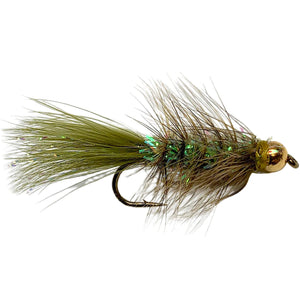 Olive Crystal Bugger streamer fly with gold bead, flashy olive body and marabou tail