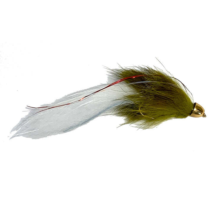Fulling Mill Hawkins' Little Rascal Olive White, conehead zonker streamer