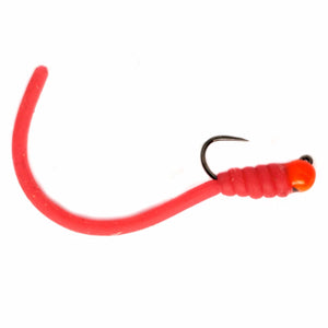 Fulling Mill Squirminator Jig Red, squirmy worm jig fly with a hot bead
