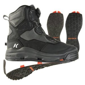 Korkers Darkhorse wading boot in black with BOA dial, shown with spare felt and Kling-On OmniTrax soles