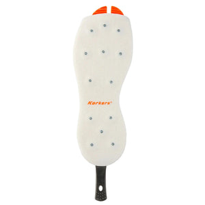 Korkers Studded Felt OmniTrax sole in white with orange heel tab and carbide studs