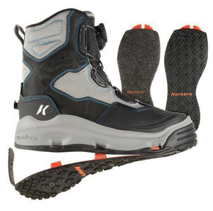 Korkers Women's Darkhorse wading boot in gray and black with BOA dial, shown with spare felt and Kling-On soles