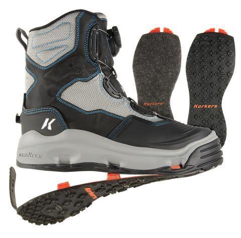 Korkers Women's Darkhorse wading boot in gray and black with BOA dial, shown with spare felt and Kling-On soles