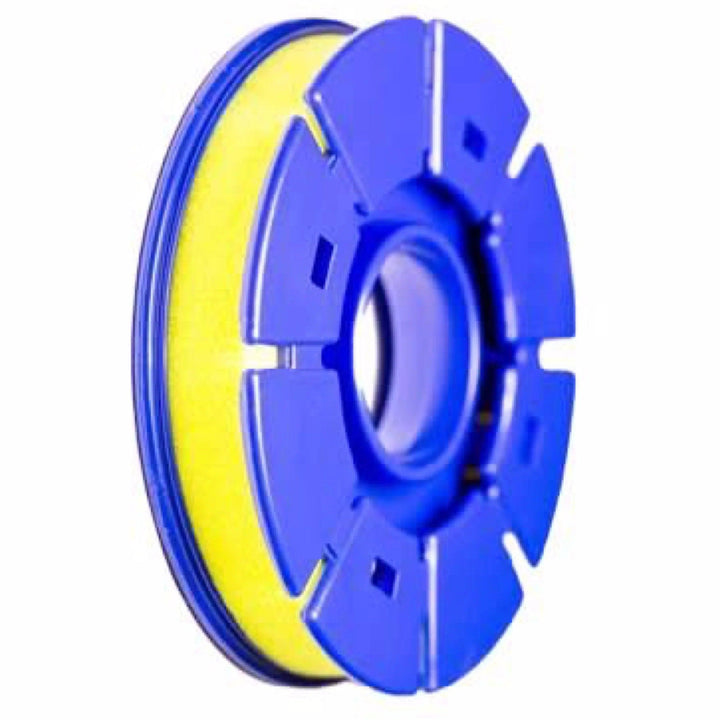 Tenkara line holder, blue plastic spool with yellow foam core