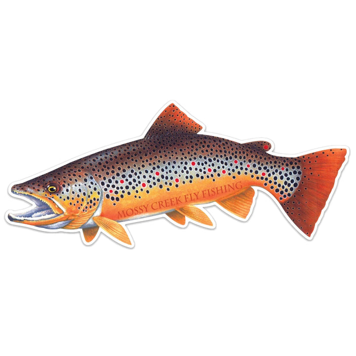 Mossy Creek Fly Fishing 9 in die-cut brown trout sticker, side view on white