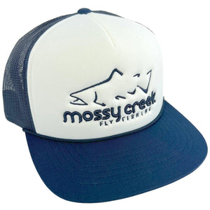 Mossy Creek Fly Fishing foam trucker hat with white foam front, navy mesh and bill and a navy logo, flat bill