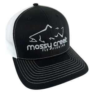 Mossy Creek Fly Fishing logo trucker hat with black front, white mesh and white trout logo, front angle view