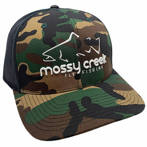 Mossy Creek Fly Fishing logo trucker hat with woodland camo front, black mesh and white trout logo, front angle view