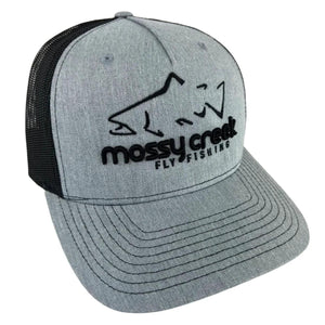 Mossy Creek Fly Fishing logo trucker hat with heather gray front, black mesh and black trout logo, front angle view