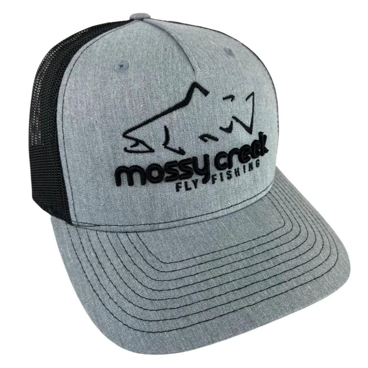 Mossy Creek Fly Fishing logo trucker hat with heather gray front, black mesh and black trout logo, front angle view