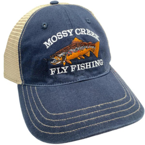 Mossy Creek Fly Fishing unstructured trucker hat with navy front and bill with khaki mesh and brown trout logo