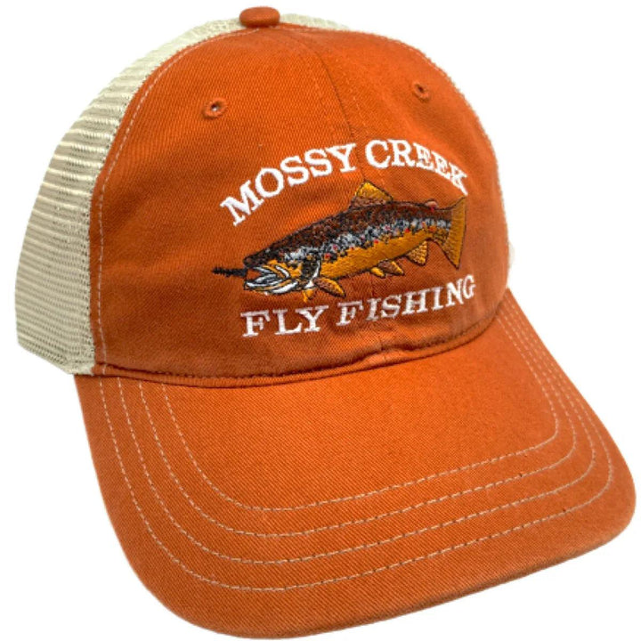 Mossy Creek Fly Fishing unstructured trucker hat with Texas orange front and bill with khaki mesh and brown trout logo