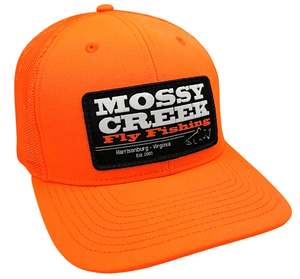 Mossy Creek Fly Fishing patch trucker hat with blaze orange front and bill and black Est. logo patch