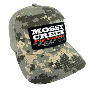 Mossy Creek Fly Fishing patch trucker hat with digital camo front and bill with gray mesh and black Est. logo patch